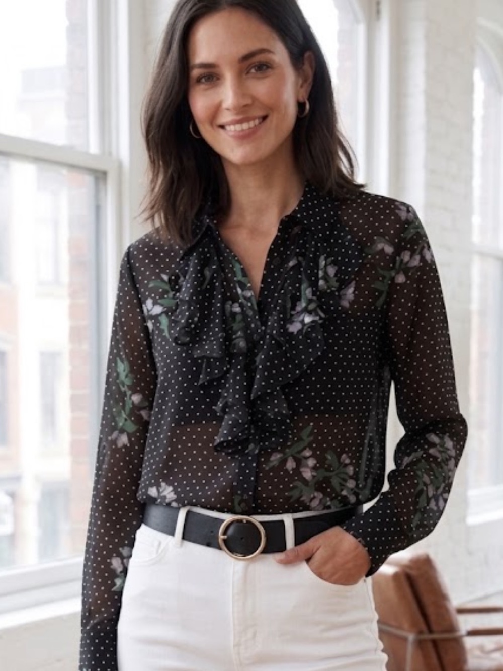 GANNI Sheer Polka Dot Floral Ruffle Blouse Top Long Sleeve 38